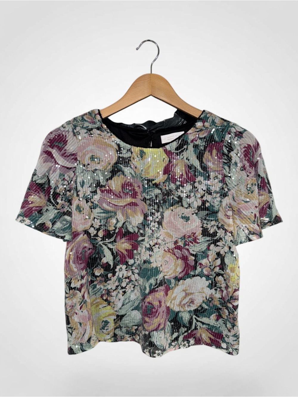 WSH3 {LC Lauren Conrad} Black Pink Floral Full Sequin Shirt Sleeve Blouse Top